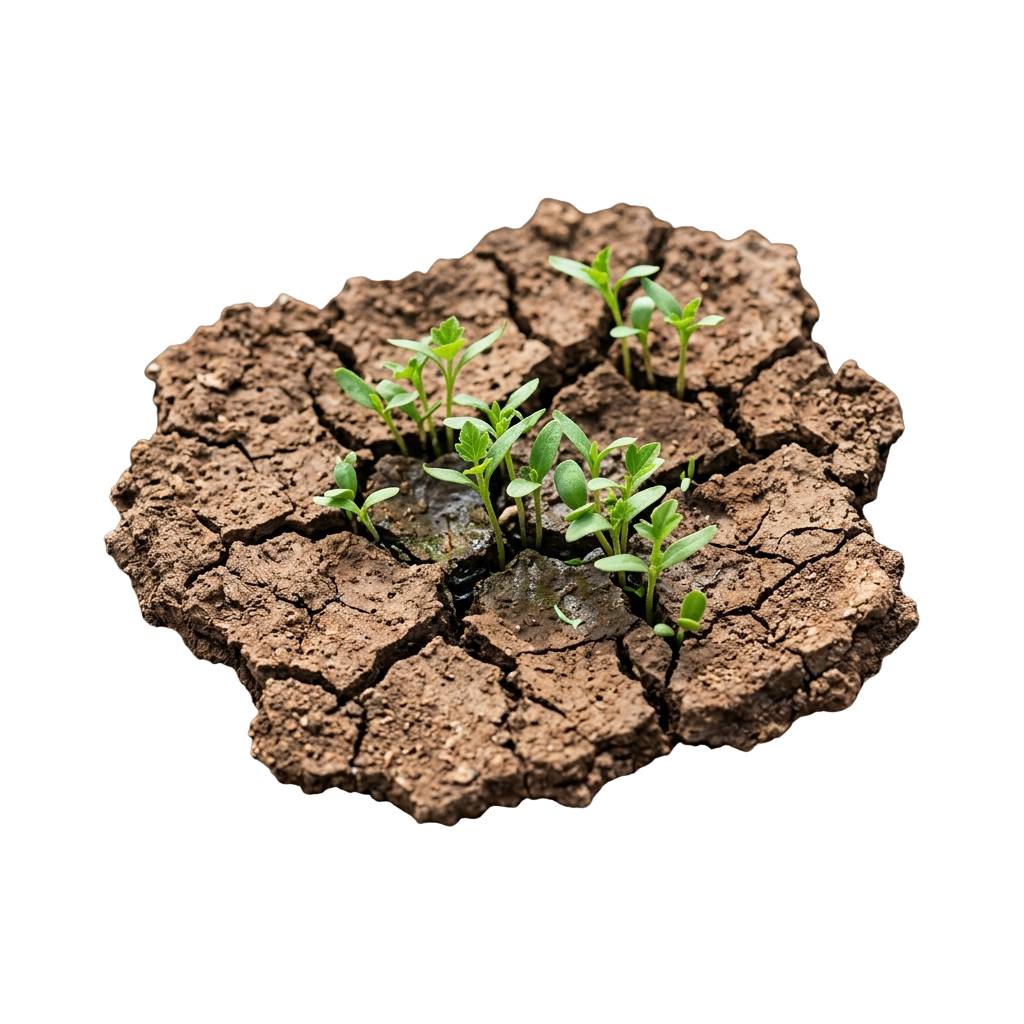 Small green plants growing in dry, cracked earth with visible moisture in the center