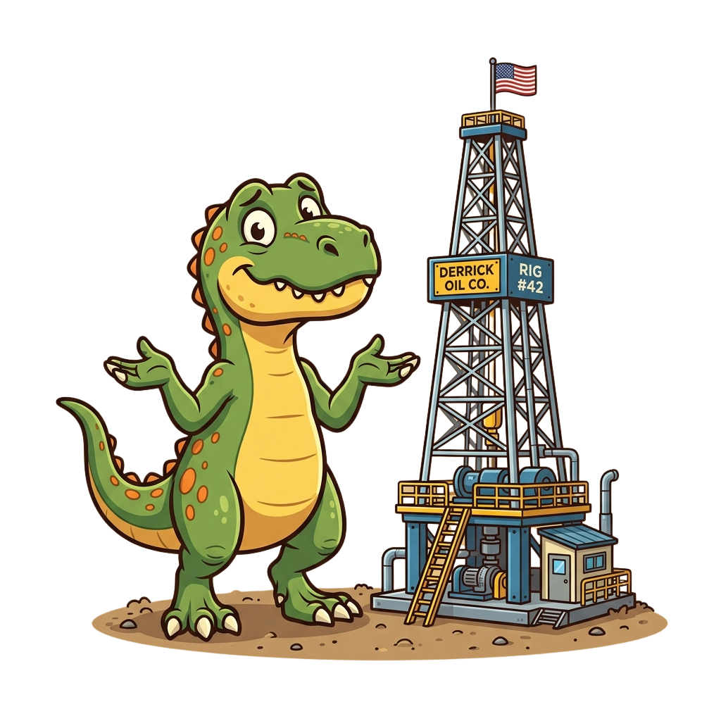 A cheerful cartoon dinosaur with arms outstretched stands next to a detailed oil drilling rig labeled Derrick Oil Co.