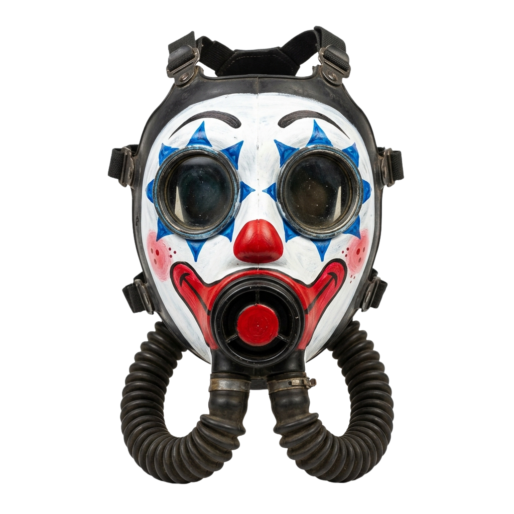 A black gas mask painted with white face, red nose, blue stars, and exaggerated clown makeup