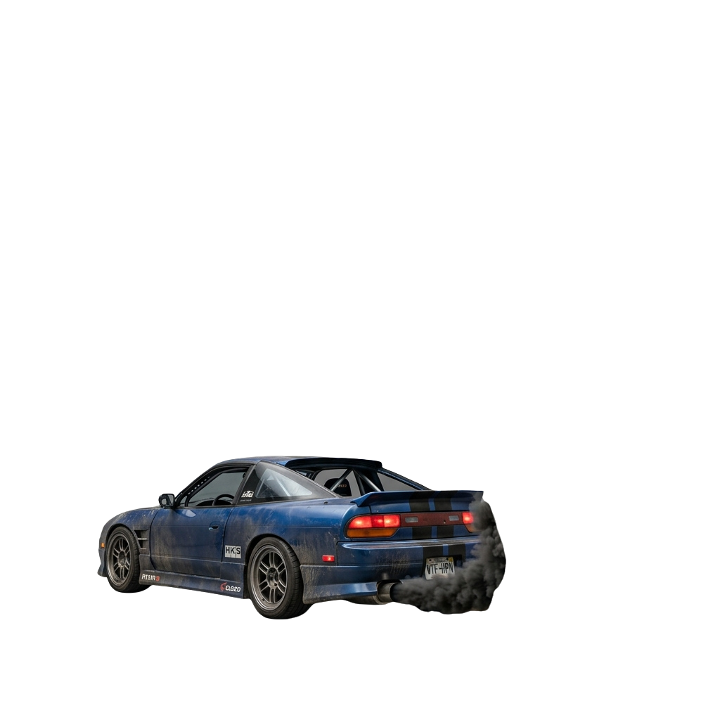 A blue modified sports car drifting on a dark background with smoke coming from the rear wheels