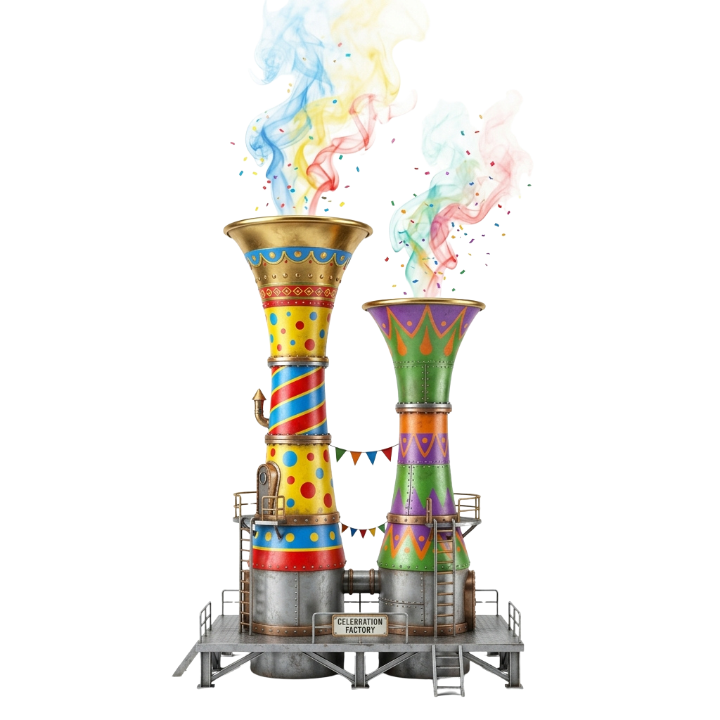 Two decorative smokestacks emitting colorful smoke against a black background, labeled Celebration Factory