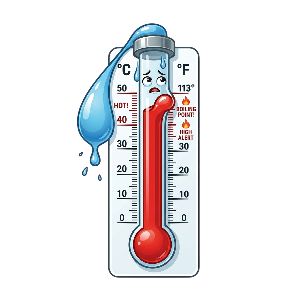 Illustrated thermometer with a sad face showing high temperature alerts, one side cold and one side boiling hot