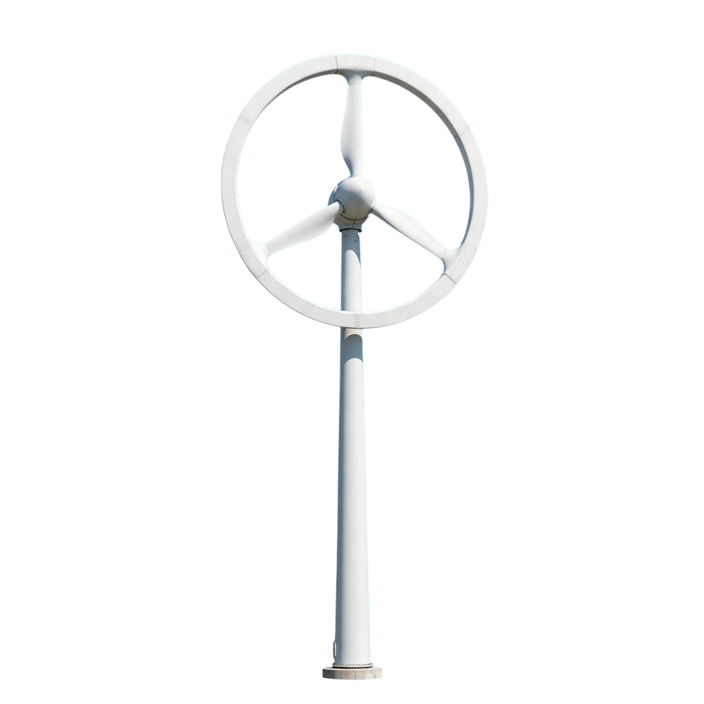 A modern vertical axis wind turbine with three blades mounted on a tall pole against a black background