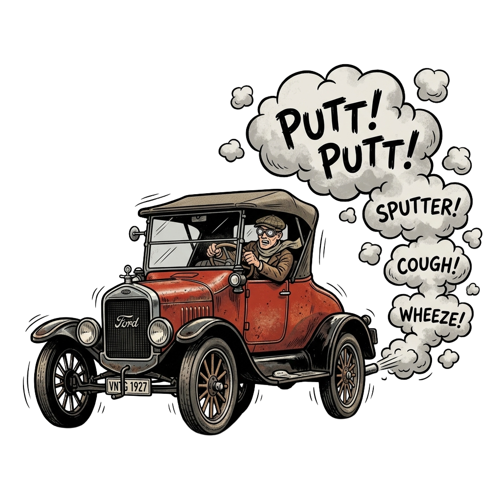 Illustration of a vintage car with a driver making putt, sputter, cough, and wheeze sounds from the engine