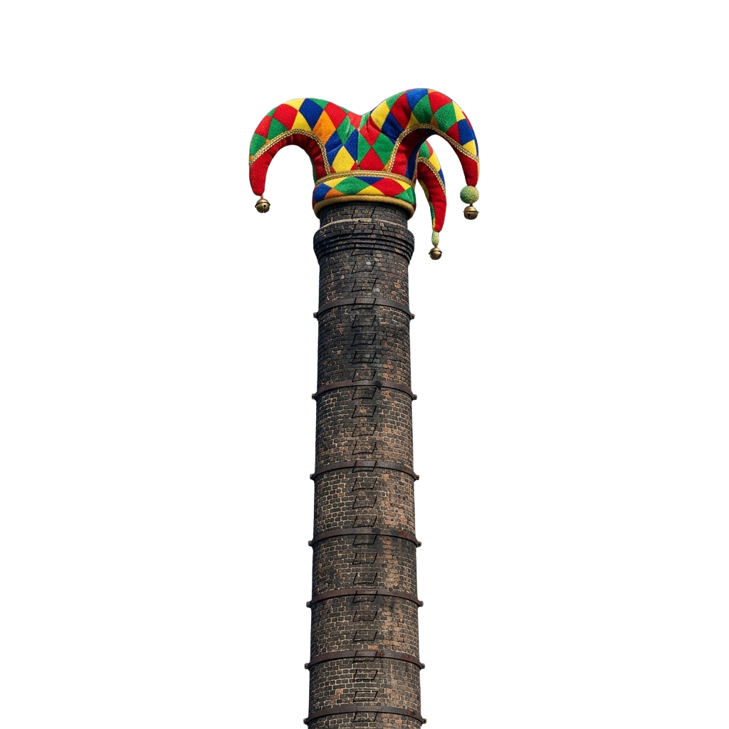 A colorful jester hat with red, yellow, green, and blue diamond patterns atop a tall, cylindrical column.
