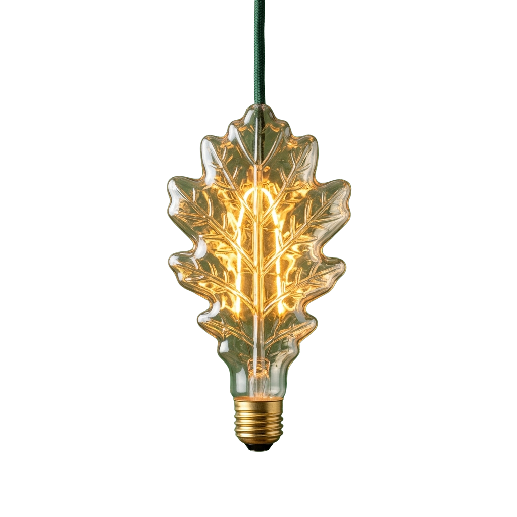 A glowing glass leaf-shaped light bulb hanging from a green cord against a dark background