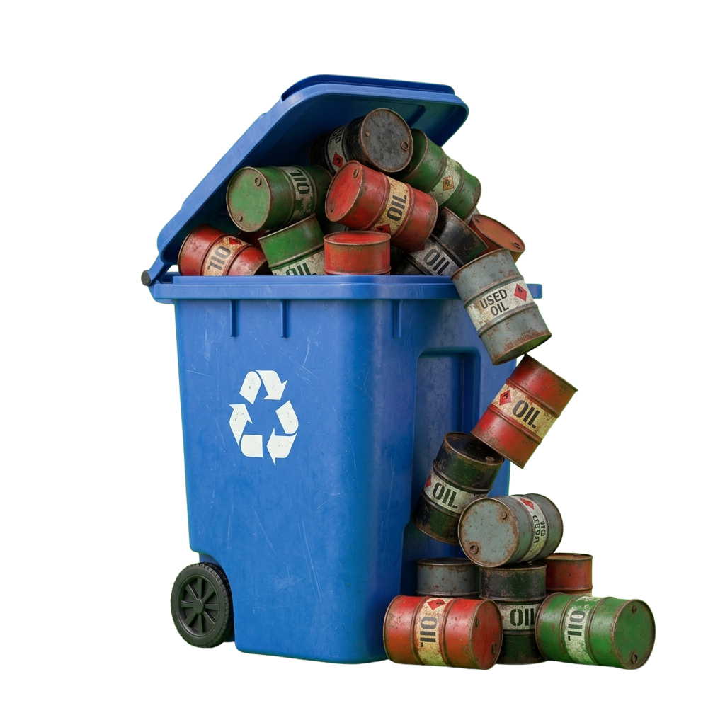Blue recycling bin filled with rusty oil drums spilling out onto the ground