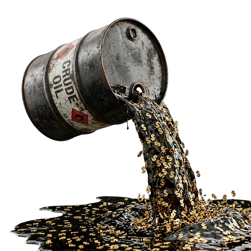 A rusty crude oil barrel with money symbols flowing out like liquid