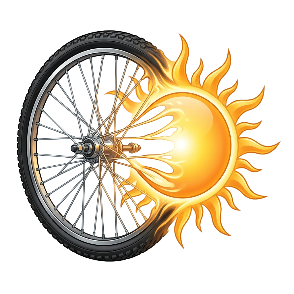 A bicycle wheel with a sunburst flame effect radiating from its center hub