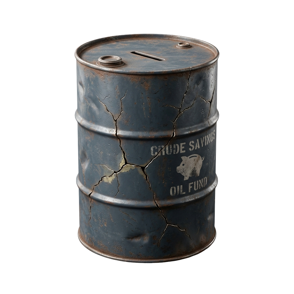 A weathered metal oil drum with cracks and rust, labeled Crude Savings Oil Fund and featuring a small logo