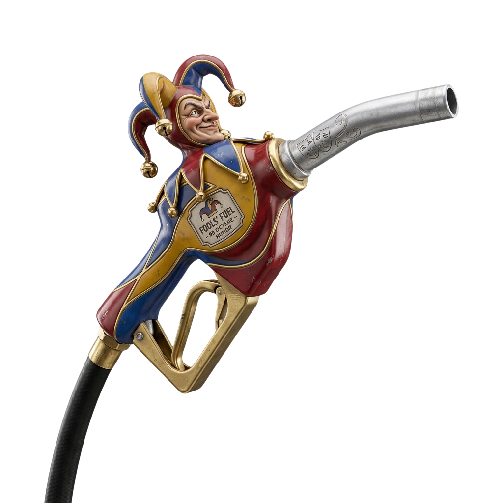 Decorative fuel nozzle shaped like a jester in colorful clown costume holding a silver spout