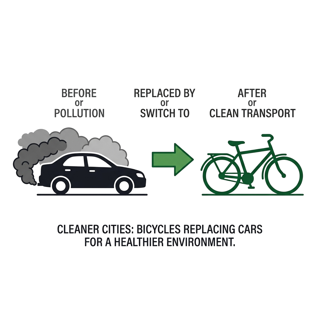 Illustration showing a polluting car replaced by a bicycle for cleaner transport