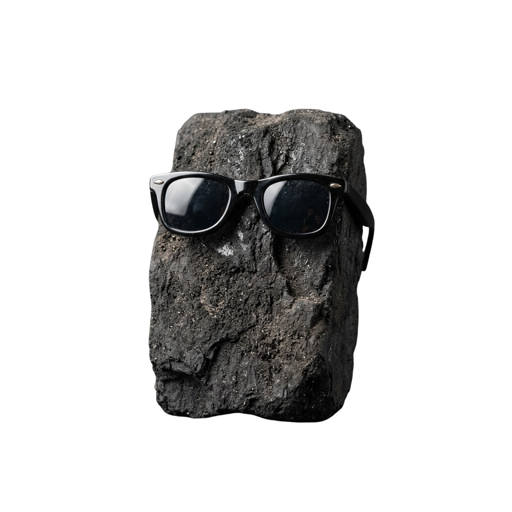 A rock sculpture shaped like a face wearing black sunglasses against a dark background