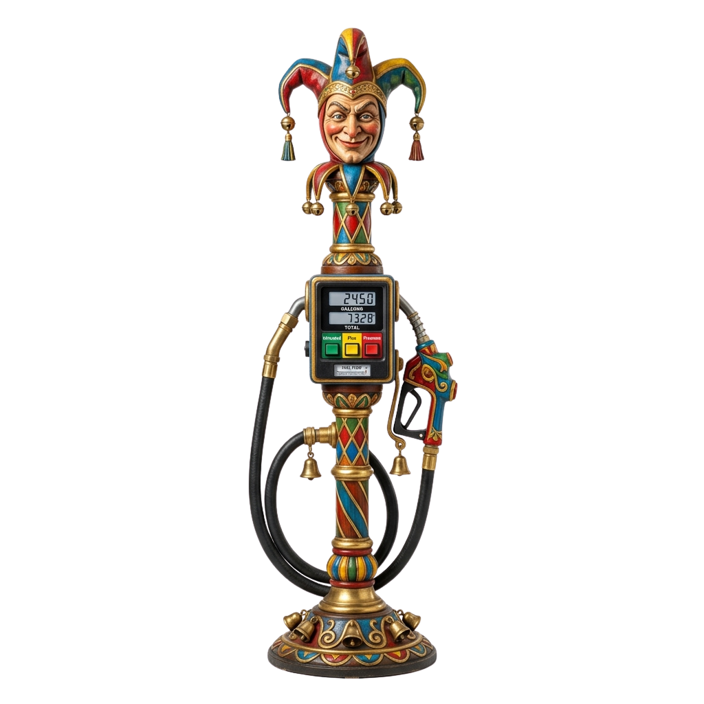Colorful jester figure with a gas pump display on a hookah base, featuring vibrant patterns and a whimsical design.