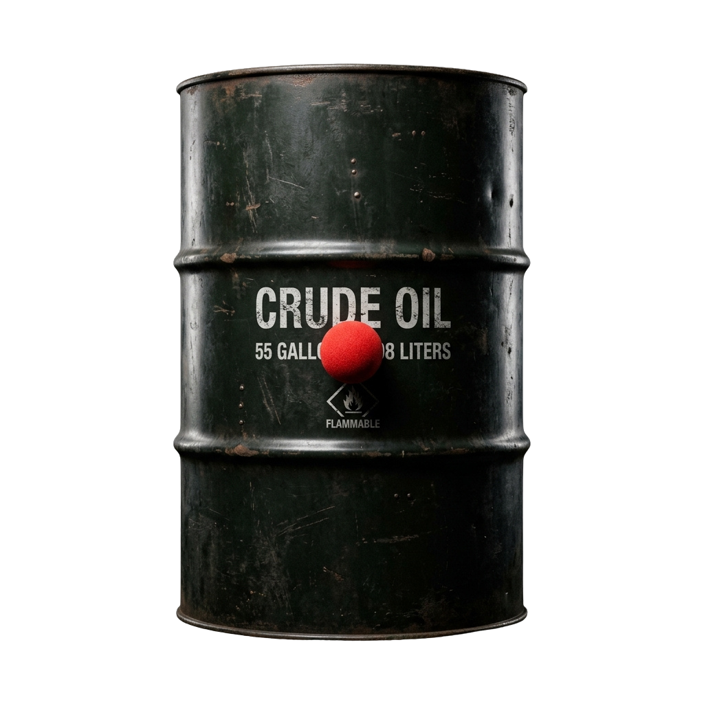 A black 55-gallon drum labeled Crude Oil with a flammable warning symbol and red ball plug.