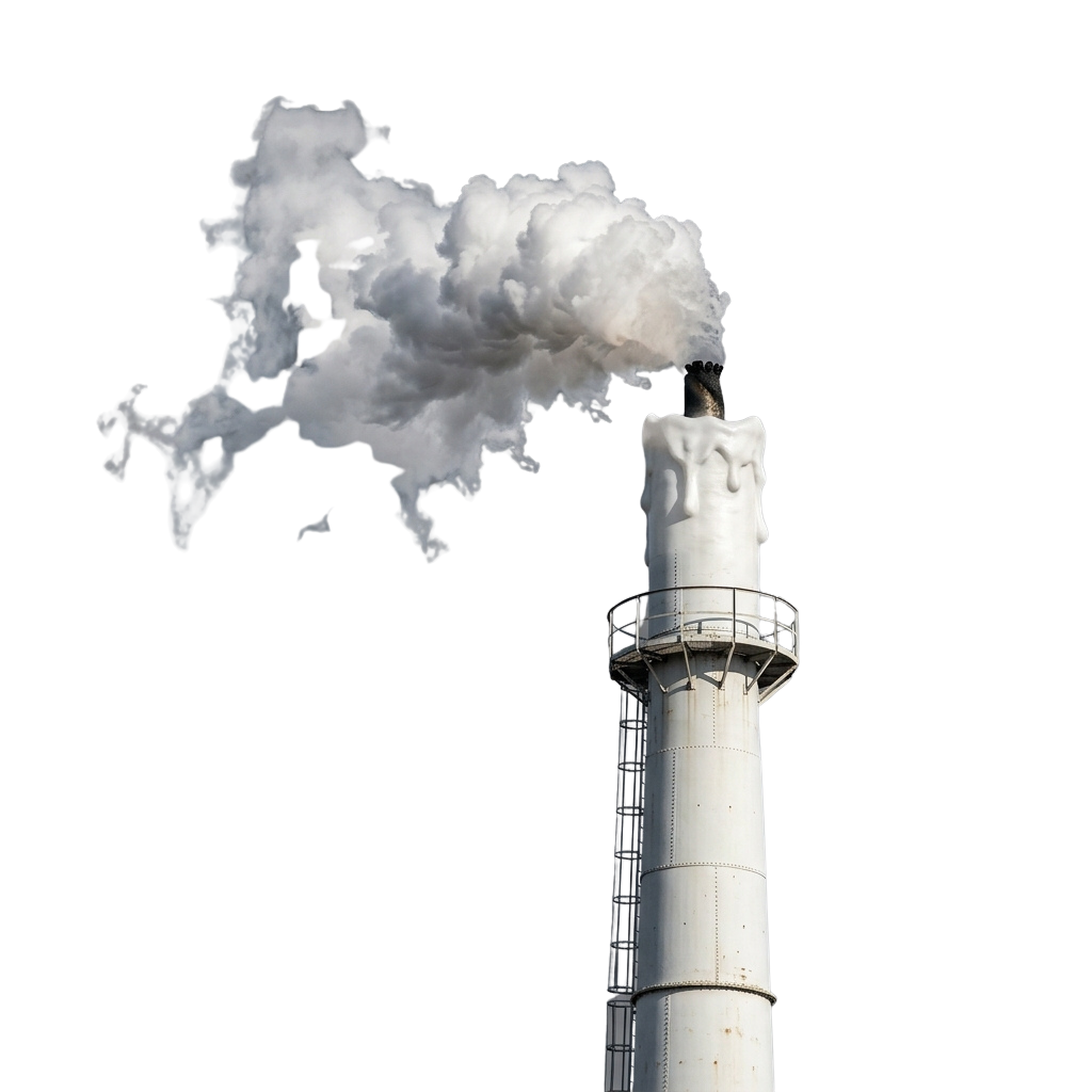 A tall chimney releasing a thick plume of white vapor against a dark sky