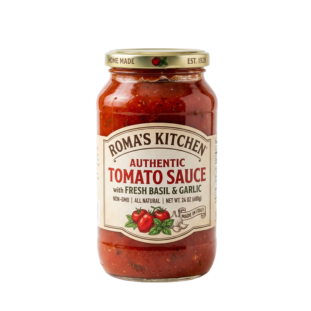 Glass jar of tomato sauce with fresh basil and garlic label, made in Italy.