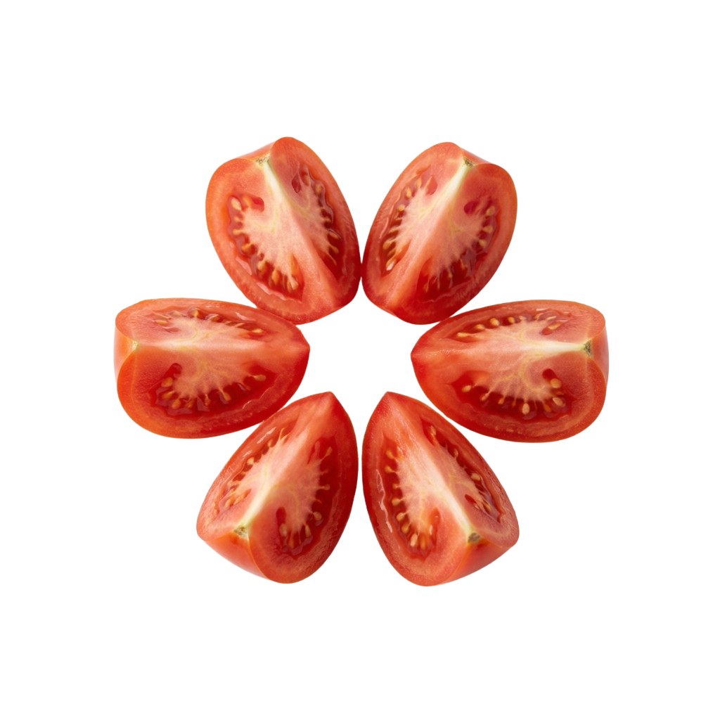 Six evenly sliced tomatoes arranged in a star shape against a dark background