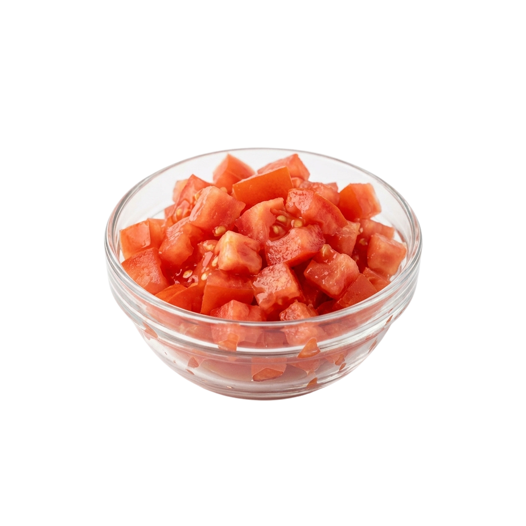A clear bowl filled with chopped red tomatoes