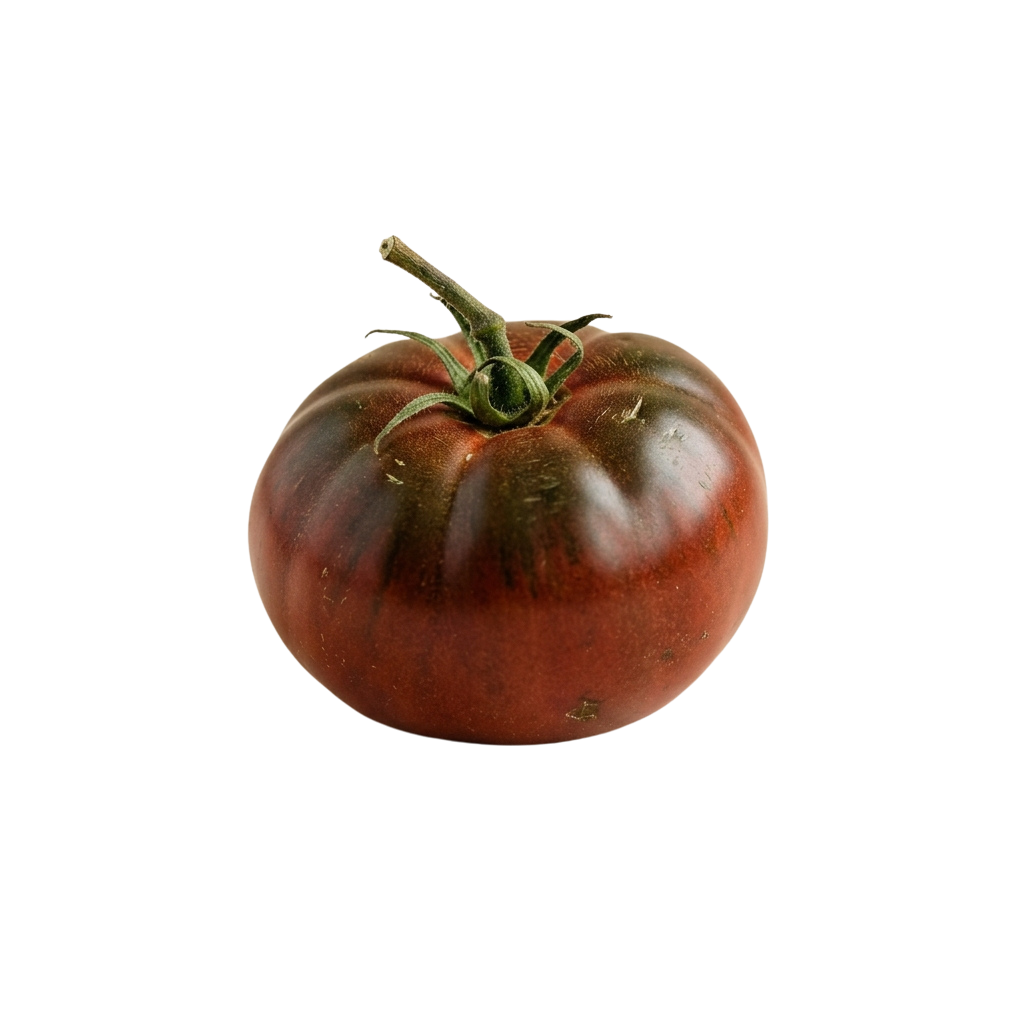 A single dark red black cherry tomato with green stem and leaves against a black background