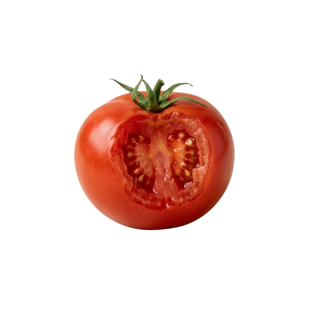 A ripe red tomato cut in half showing juicy interior and green stem on black background
