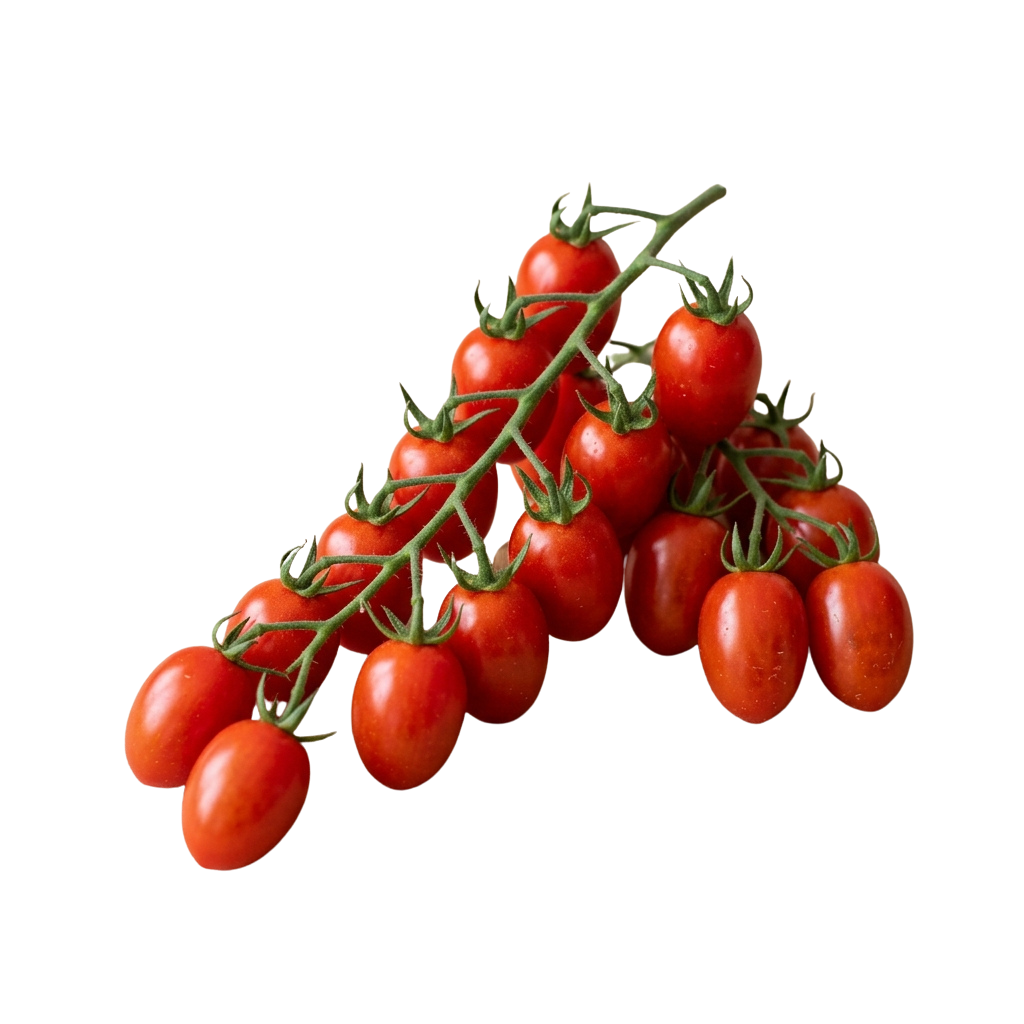 Cluster of small red cherry tomatoes attached to a green vine