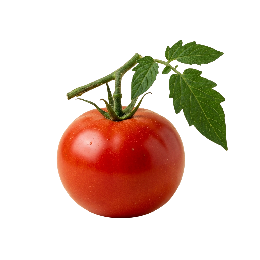 A ripe red tomato with green stem and leaves against a black background