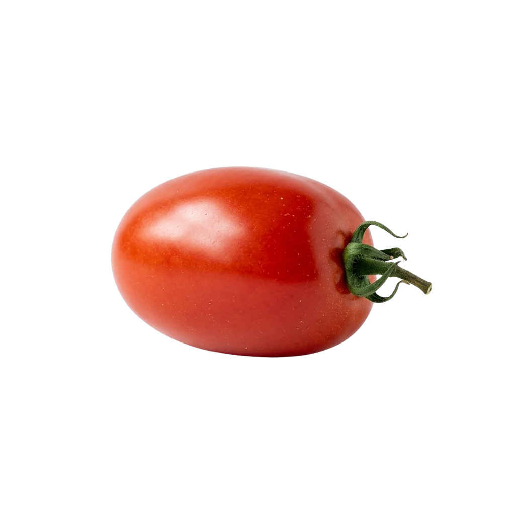 A single ripe cherry tomato with green stem on a black background
