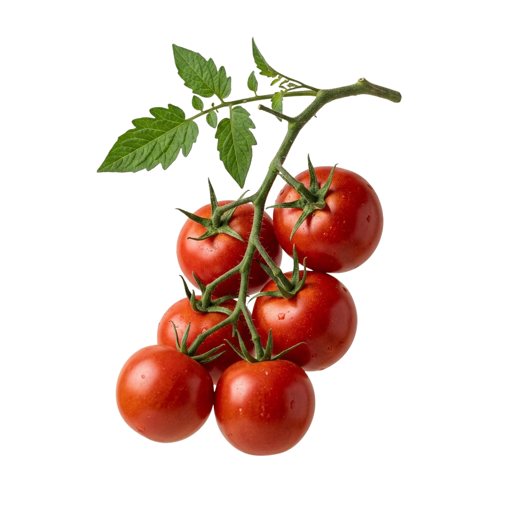 Cluster of ripe red cherry tomatoes attached to a green vine with leaves
