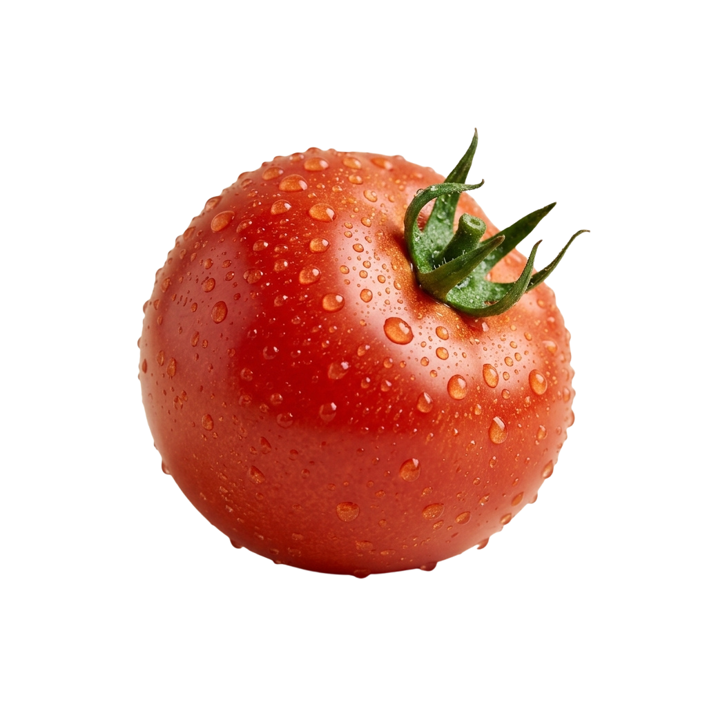 A fresh red tomato with water droplets on its surface and a green stem on top