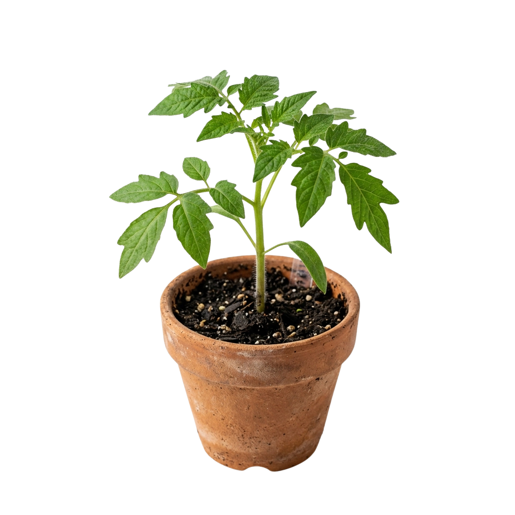 A small tomato plant with green leaves growing in a terracotta pot filled with soil