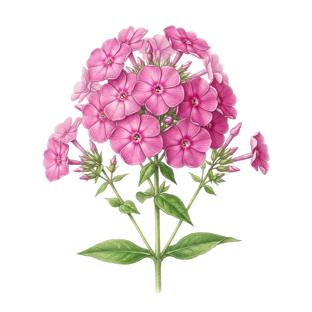 Illustration of a cluster of pink phlox flowers with green leaves and stems on a black background