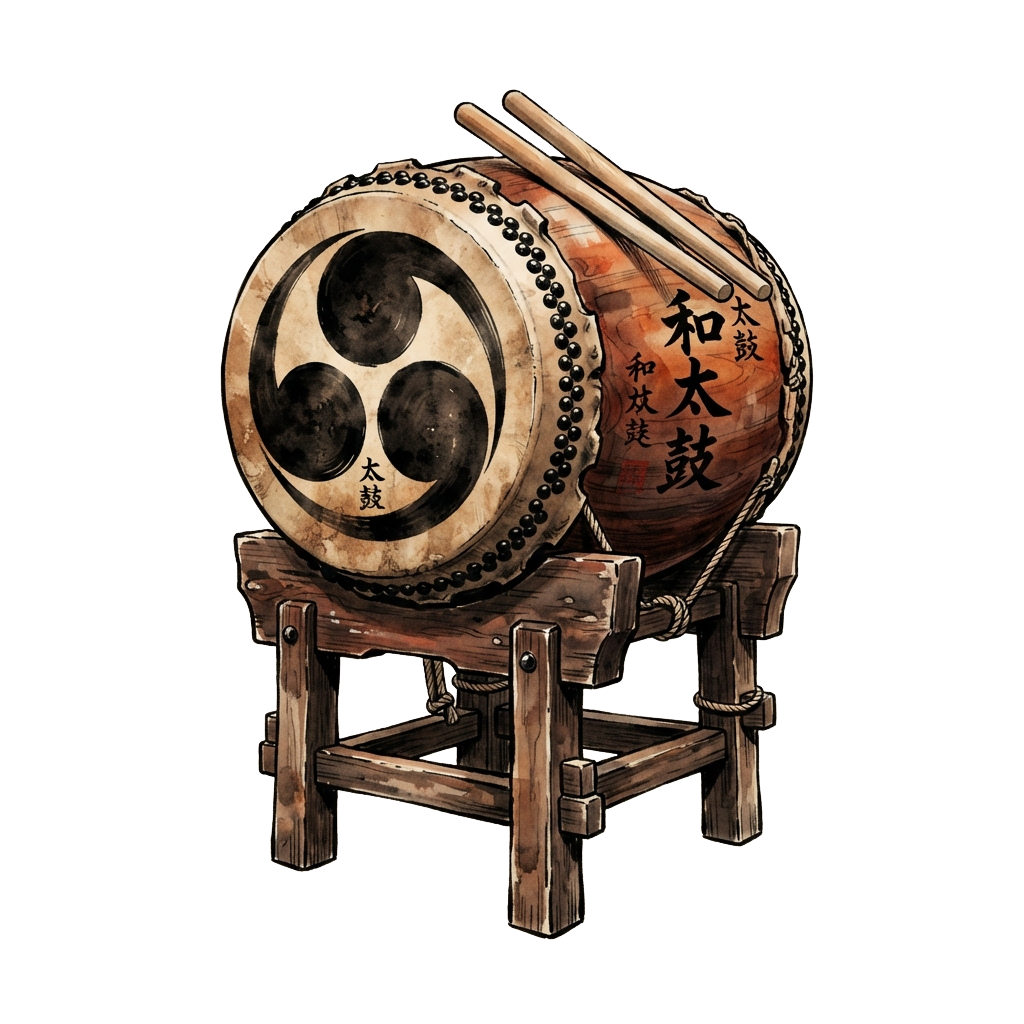 A large traditional Japanese taiko drum with three black circular symbols on the front, placed on a wooden stand.