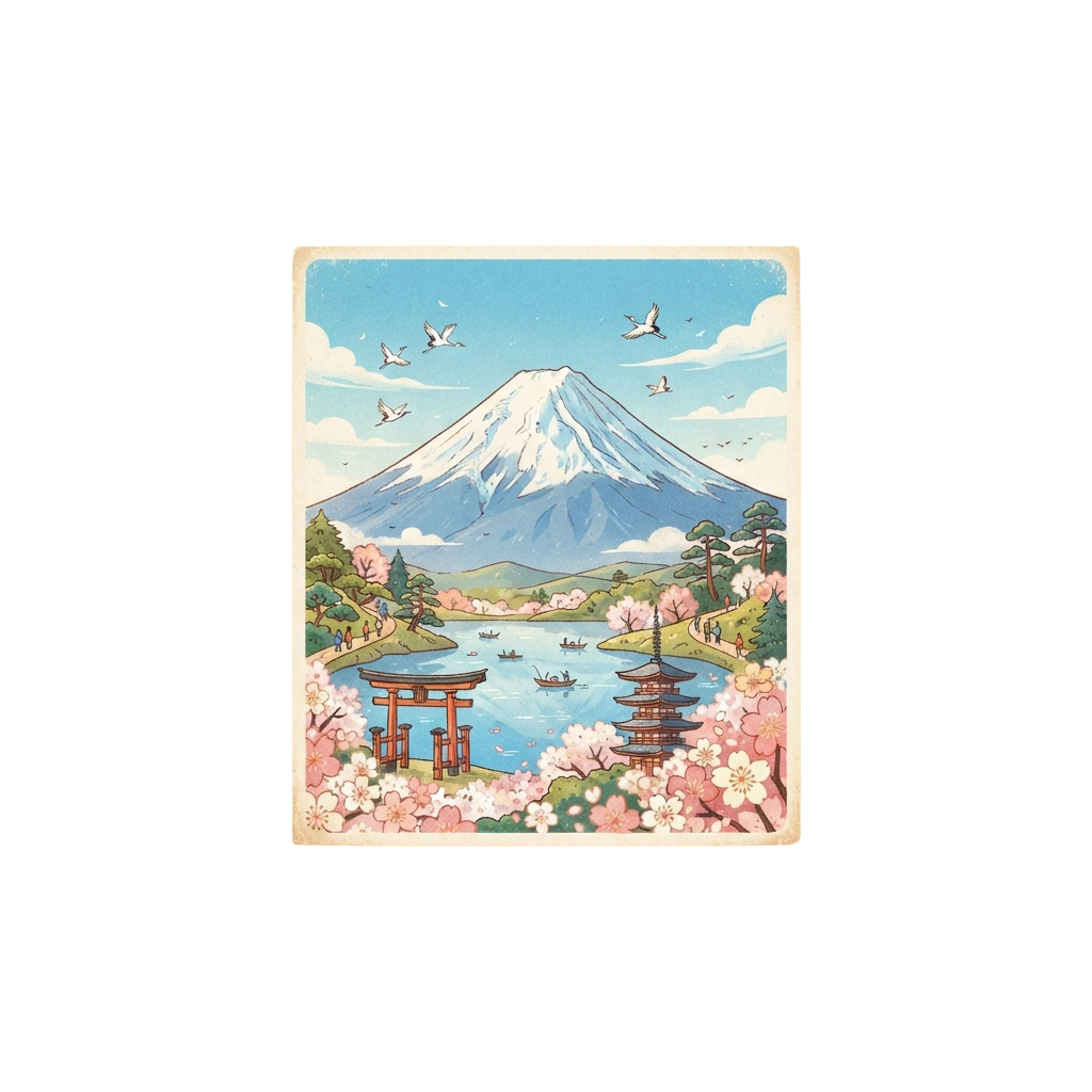 Illustration of a serene mountain landscape with cherry blossoms, a pagoda, torii gate, and birds flying over a calm lake.