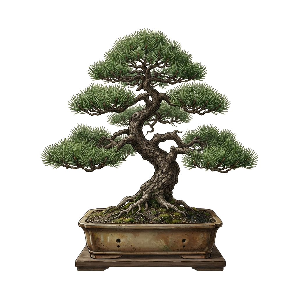 A bonsai tree with twisted trunk and lush green foliage in a ceramic pot on a wooden stand