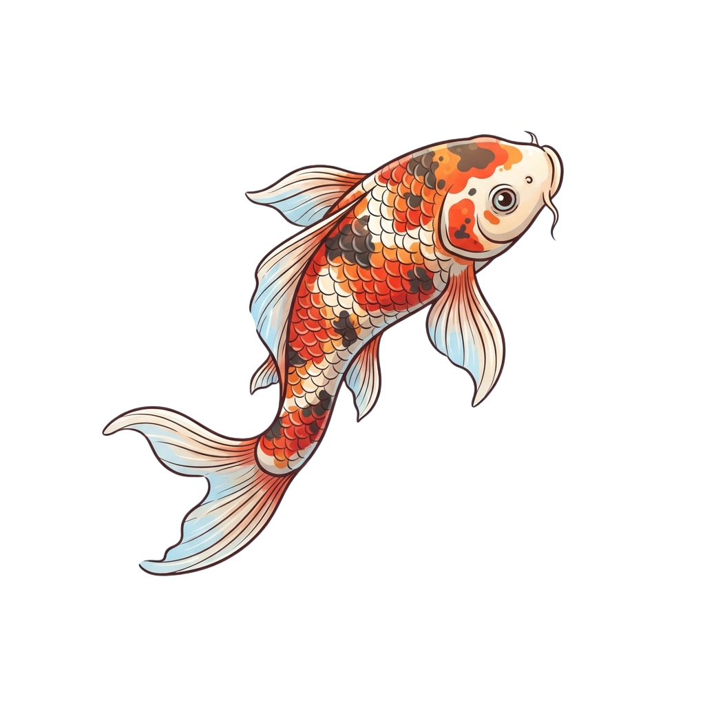 A stylized koi fish with red, white, and black scales swimming gracefully against a black background