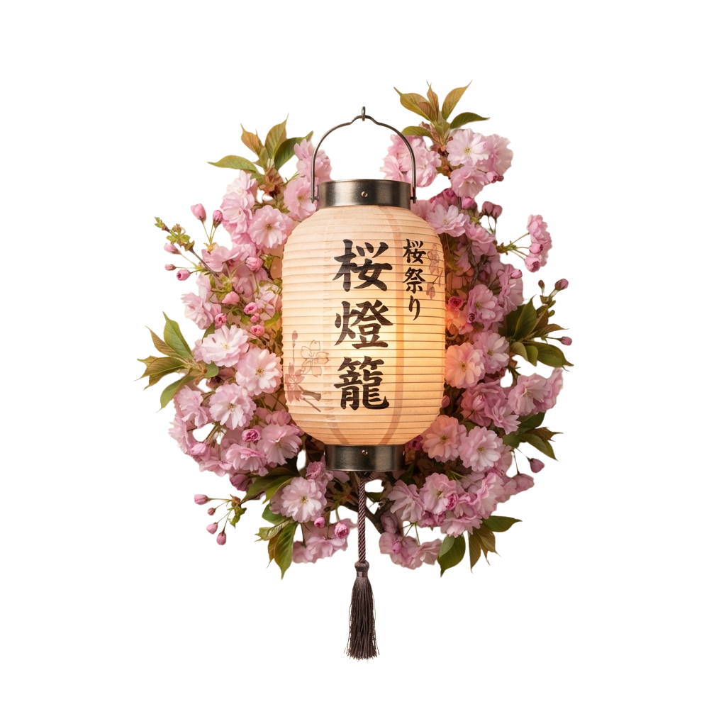 A decorative paper lantern surrounded by pink cherry blossoms against a black background