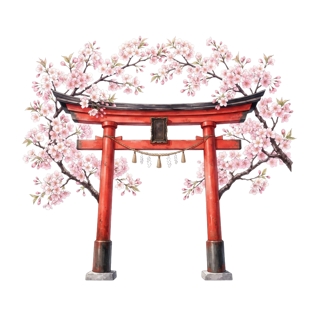 A red torii gate framed by branches of pink cherry blossoms against a black background