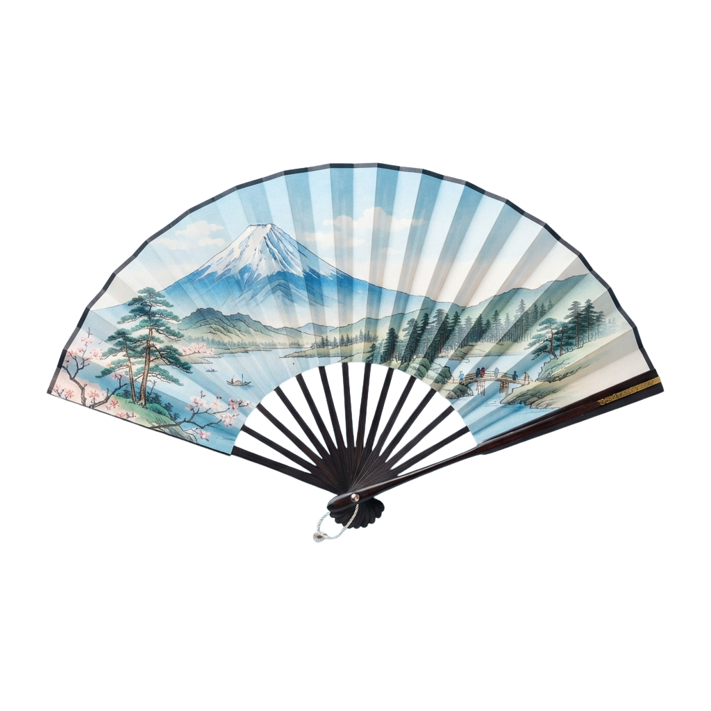Decorative hand fan featuring a scenic mountain landscape with trees and a sky gradient