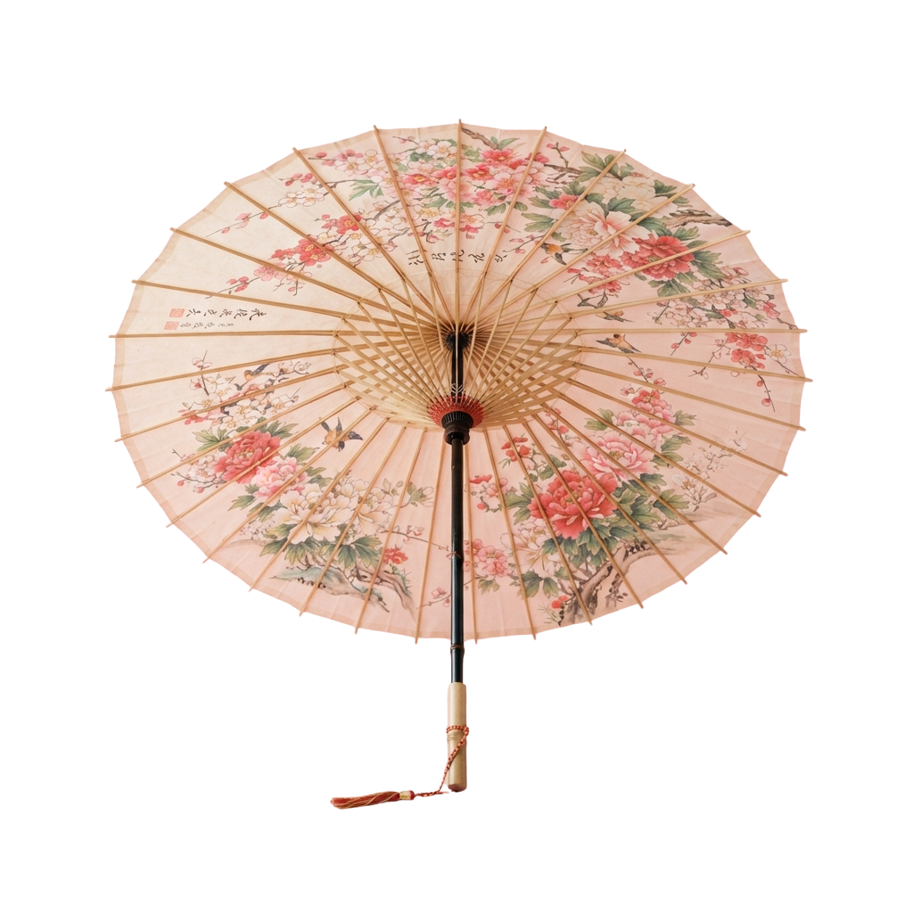 Open traditional paper umbrella with pink floral patterns on light background