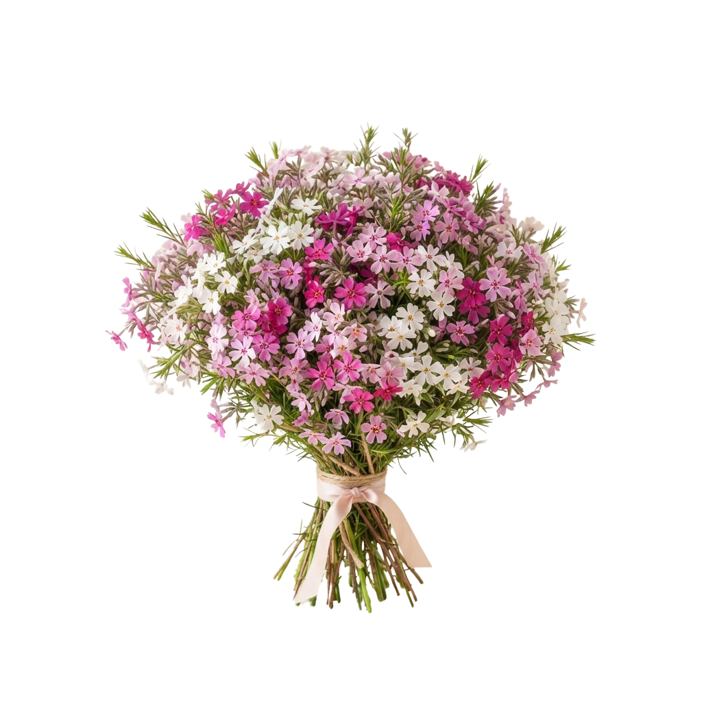 A round bouquet of pink and white small flowers tied with twine against a black background