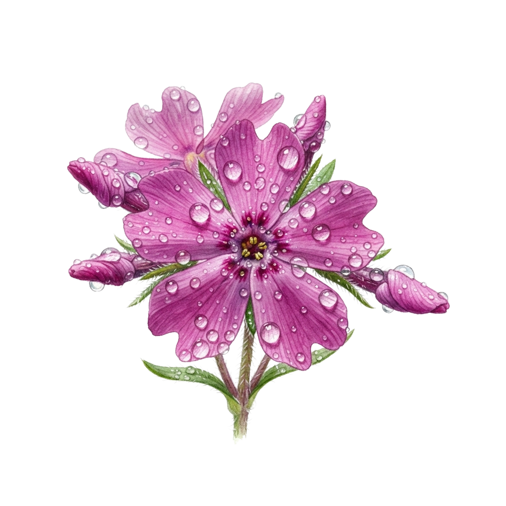 A detailed illustration of a pink flower with water droplets on its petals and leaves against a black background