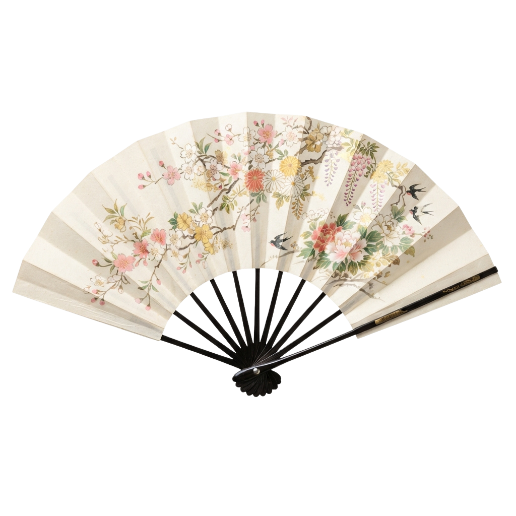 Decorative hand fan featuring floral embroidery with pink, yellow, and green flowers on a white background