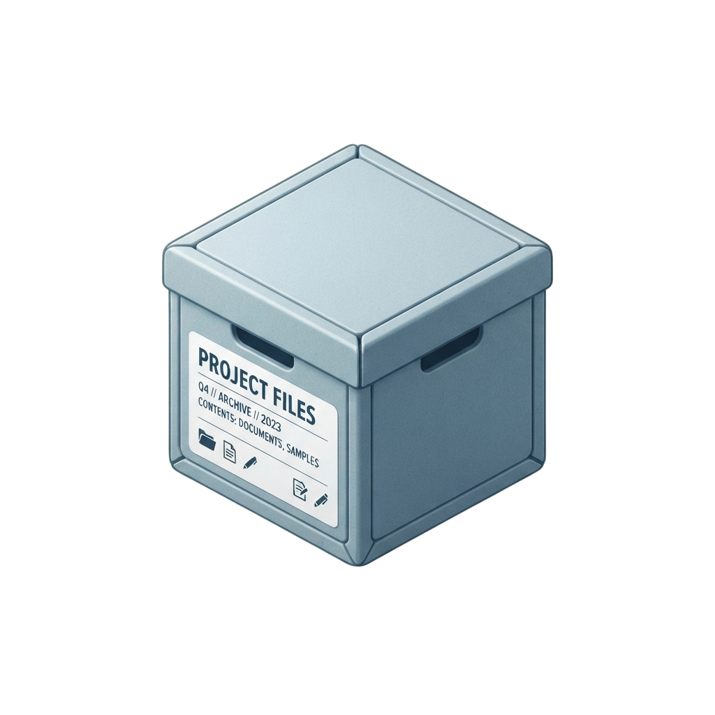 Isometric illustration of a gray archive box labeled Project Files with contents listed as documents and samples