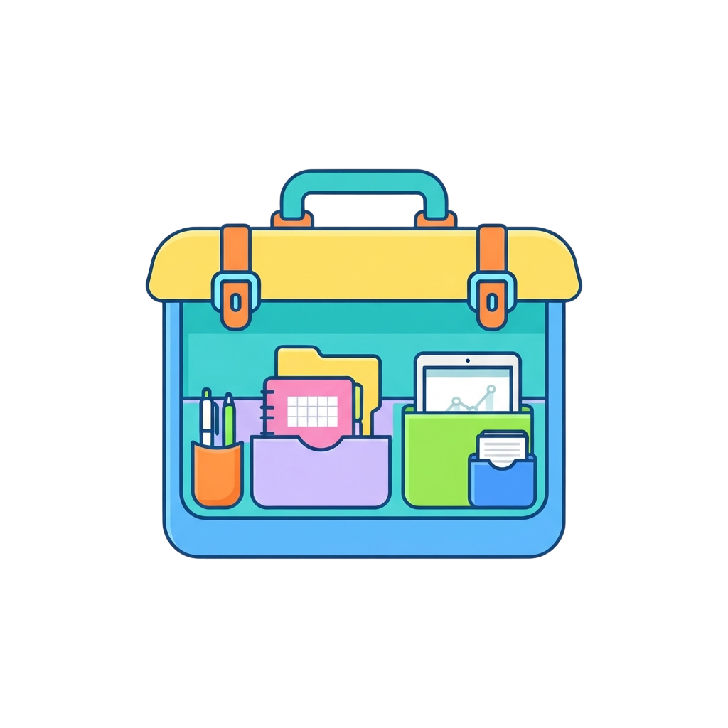 Illustration of a bright toolbox containing office supplies like folders, a notebook, pencils, and a laptop