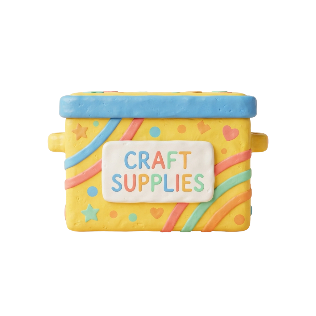 Decorative cake topper shaped like a yellow craft supplies box with blue lid and colorful patterns