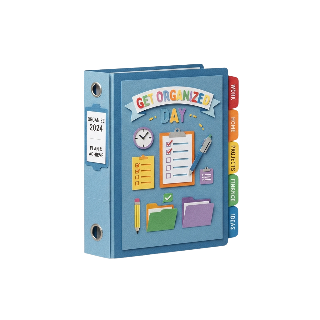 Blue binder labeled Get Organized Day with colorful tabs for Work, Home, Projects, Finance, and Ideas, featuring checklist and stationery icons