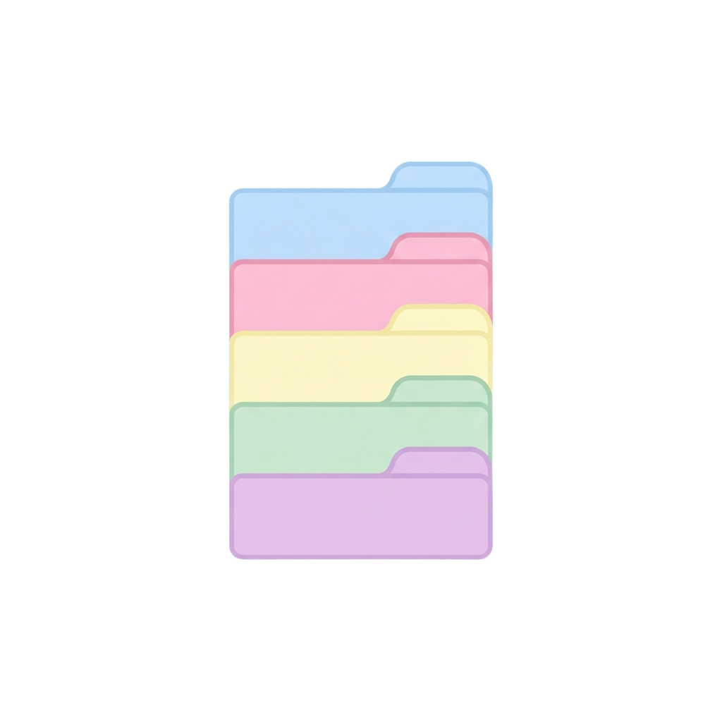 Five stacked file folders in different pastel colors including light blue, pink, yellow, green, and purple