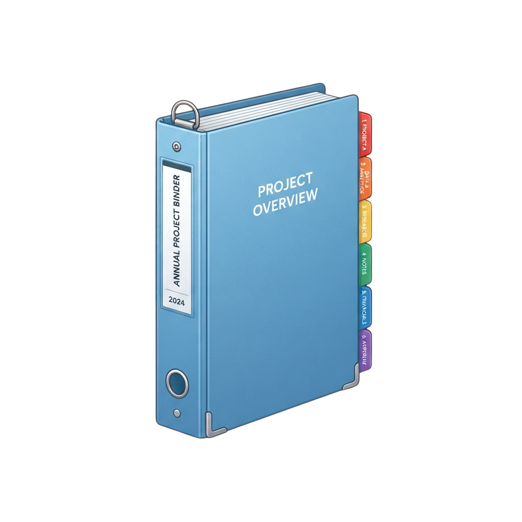 Blue annual project binder standing upright with labeled PROJECT OVERVIEW and color-coded tabs on the side