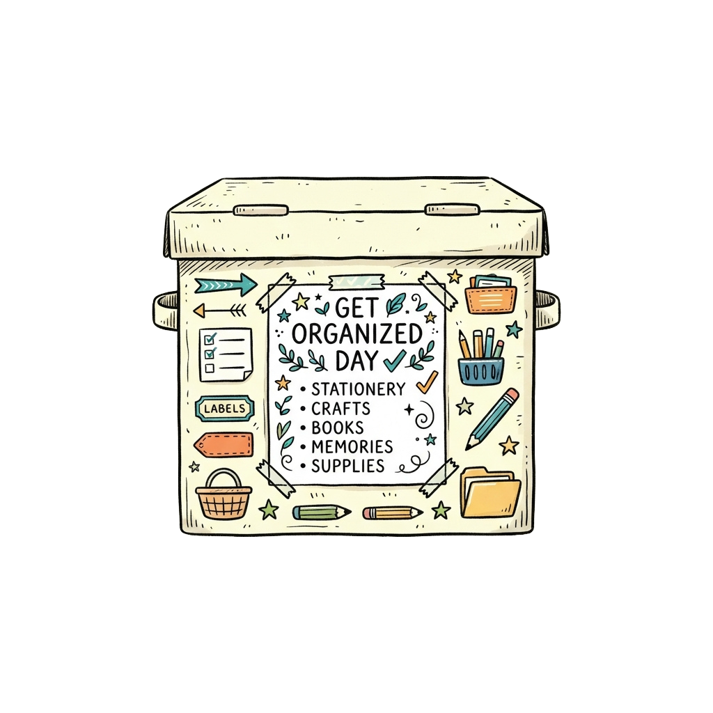 Illustrated storage box labeled Get Organized Day with stationery items like pencils, books, and craft supplies
